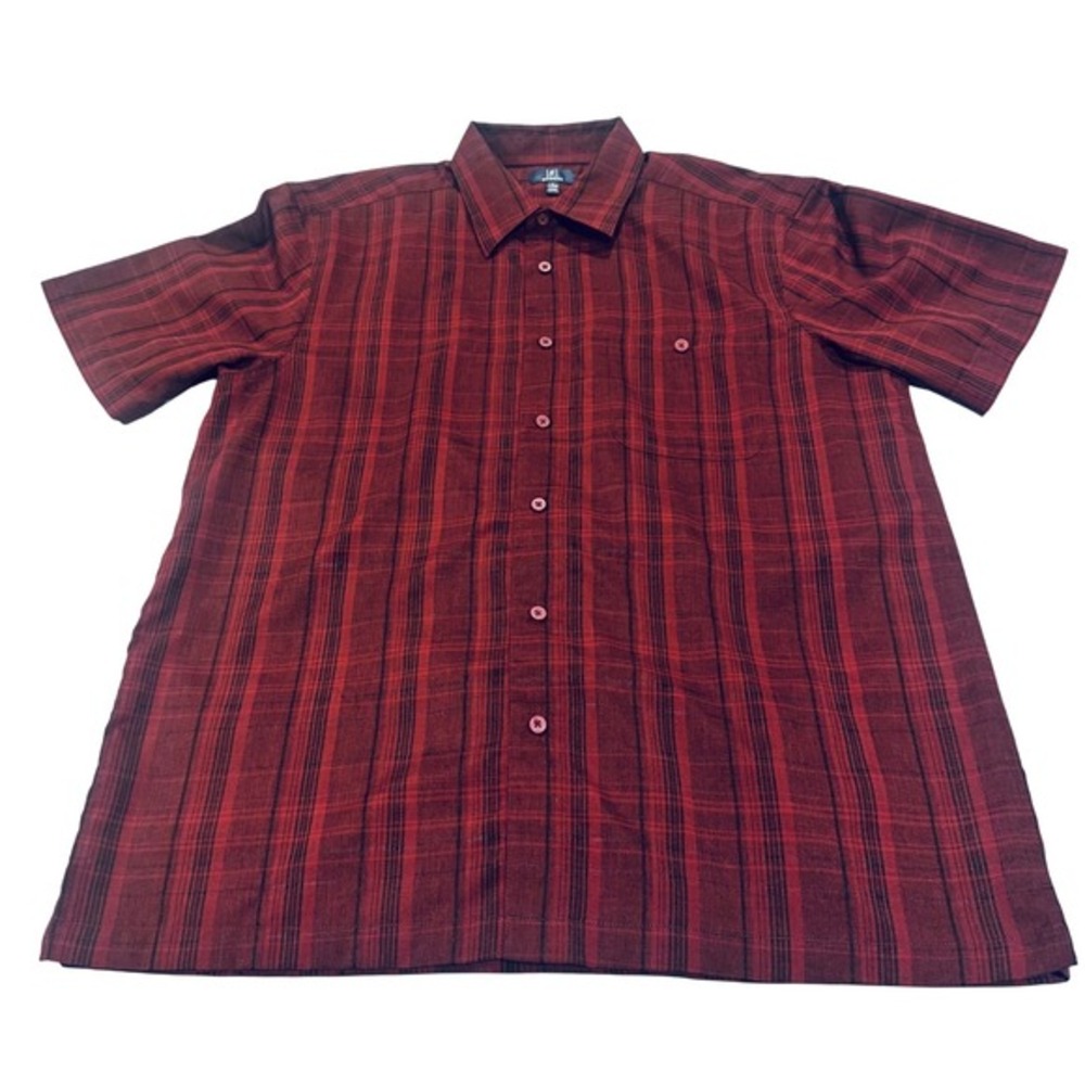 George Men Plaid Button Down Shirt LG 42-44 Wine Punch Short Slve Farmhouse vibe